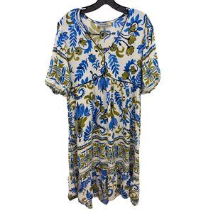 Figueroa & Flower boho-chic multi blue flower midi linen dress Sz Medium